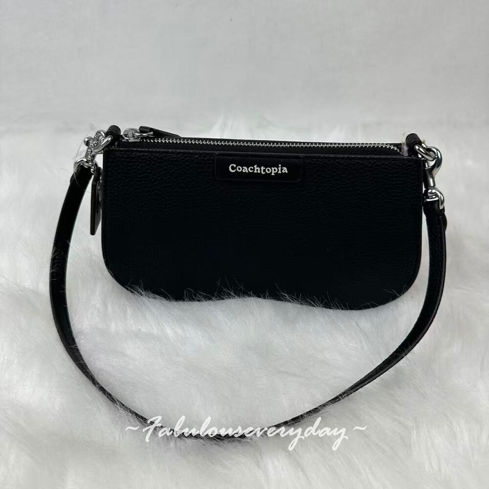 COACH Small Wavy Shoulder Bag In Coachtopia Leather Silver Black Dust Bag - Picture 2 of 8